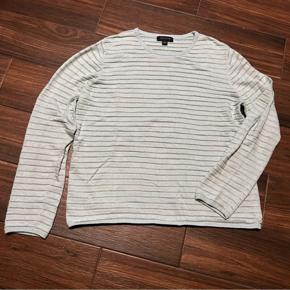 Ann Taylor Crew Neck Sweater XL Teal Silver Shimmer Lightweight‎